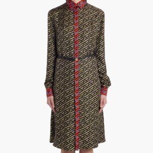 VERSACE La Greca Monogram Print Long sleeve silk shirt dress